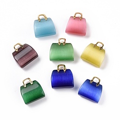 Mixed Color Cat Eye Pendants, with Golden Plated Brass Findings, Ba, Mixed Color, 27.5x25x12mm, Hole: 6.5x5mm