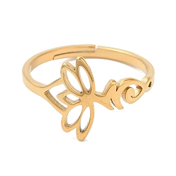 Real 18K Gold Plated Ion Plating(IP) 304 Stainless Steel Hollow Lotus Adjustable Ring for Women, Real 18K Gold Plated, Inner Diameter: 16.6mm