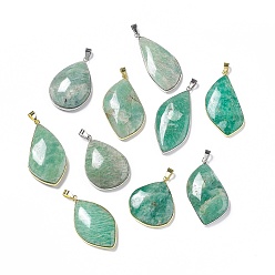 Platinum & Golden Natural Amazonite Pendants, Leaf & Teardrop & Oval Charms, with Rack Plating Brass Findings, Cadmium Free & Lead Free, Mixed Shapes, Platinum & Golden, 35~47x20.5~29x6~10mm, Hole: 6.5x4mm