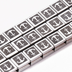 Platinum Plated Electroplate Non-magnetic Synthetic Hematite Beads Strands, Square with Anchor, Platinum Plated, 8x8x5mm, Hole: 2mm, about 50pcs/strand, 15.7 inch