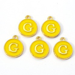 Letter G Golden Plated Alloy Enamel Charms, Enamelled Sequins, Flat Round with Letter, Gold, Letter.G, 14x12x2mm, Hole: 1.5mm