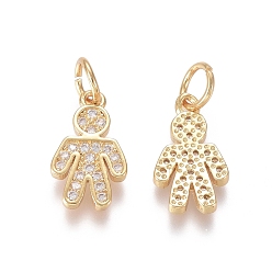 Golden Brass Micro Pave Clear Cubic Zirconia Charms, with Jump Rings, Boy, Golden, 13.5x8x1.5mm, Jump Ring: 5x0.7mm, Inner Diameter: 3.6mm