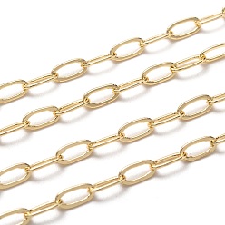 Golden Brass Paperclip Chains, Flat Oval, Drawn Elongated Cable Chains, with Spool, Long-lasting Plated, Soldered, Golden, 6.5x3x0.5mm, about 65.61 Feet(20m)/roll