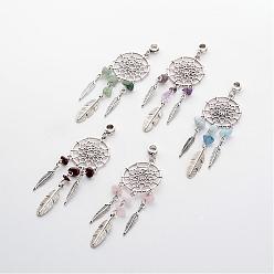 Mixed Stone Natural Gemstone European Dangle Charms, with Tibetan Style Alloy Findings, Woven Net/Web with Feather, Antique Silver, 90mm, Hole: 4.5mm