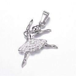 Crystal 316 Surgical Stainless Steel Pendants, with Rhinestones, Ballerina, Crystal, 34x24x4mm, Hole: 7x4.5mm