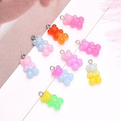 Mixed Color Gradient Color Opaque Resin Pendants, with Glitter Powder and Platinum Tone Iron Peg Bails, Bear, Mixed Color, 21x11x6.5mm, Hole: 2.0mm