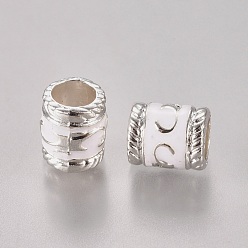 Blanc Émail perles européennes en alliage, sans cadmium et sans plomb, grandes perles de colonne de trou, Plaqué Argent, blanc, blanc, 8.5x7mm, Trou: 5mm
