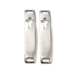 Cross 201 Stainless Steel Connector Charms, Curved Rectangle Links with Hollow Pattern, Stainless Steel Color, Cross, 30x6x0.8mm, Hole: 4x2mm
