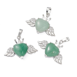 Green Aventurine Natural Green Aventurine Pendants, Heart Charms with Wings & Crown, with Platinum Tone Brass Crystal Rhinestone Findings, 26x35.5x8mm, Hole: 8x5mm