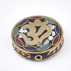 Colorido Abalorios de indonesia hecho a mano, con fornituras de latón, plano redondo con símbolo om, dorado, colorido, 30x28~29x7.5~8 mm, agujero: 2 mm