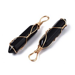 Black Stone Natural Black Stone Big Pendants, with Golden Brass Findings, Hexagonal Prisms, 44.5~52x10~11x9.5~10.5mm, Hole: 4x7mm