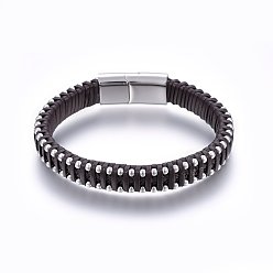 Coffee Leather Braided Cord Bracelets, 304 Stainless Steel Magnetic Clasp, Rectangle, Coffee, 8-5/8 inch(22cm), 11x6mm