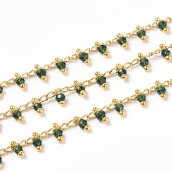 Vert Foncé Main chaînes de perles de verre, avec épingle à œil en laiton, or, soudé, ronde, facette, avec bobine, vert foncé, 2.5x2x0.4mm, perles: 3x2 mm, environ 32.8 pieds (10 m)/rouleau