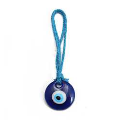 Cornflower Blue Flat Round with Evil Eye Resin Pendant Decorations, Braided Cotton Cord Hanging Ornament, Cornflower Blue, 13cm