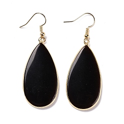 Black Agate Natural Black Agate Dangle Earrings, Drop, with Brass Findings, Golden, 61mm, Pin: 0.8mm