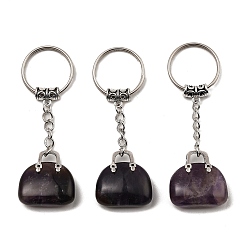 Améthyste Porte-clés pendentif de sac en améthyste naturelle, avec les accessoires en laiton de tonalité de platine, pour sac bijoux cadeau décoration, 7.4 cm