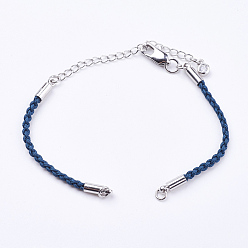 Bleu Marine Fabrication de bracelet de cordon de coton tressé, laiton homard fermoirs griffe et les chaînes d'extension, avec strass, platine, bleu marine, 5-3/8 pouces ~ 5-1/2 pouces (13.5~14 cm), 3mm, Trou: 2mm