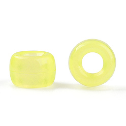 Amarillo Perlas de plástico transparentes y luminosas, esmerilado, brillan en la oscuridad, barril, amarillo, 9x6 mm, agujero: 3.8 mm, Sobre 1900 unidades / 500 g