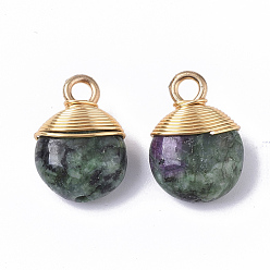 Ruby in Zoisite Natural Ruby in Zoisite Pendants, with Golden Tone Brass Wires and Iron Loops, Half Drilled, Flat Round, 14~15x10~11x5~6mm, Hole: 1.5~2mm