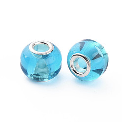 Deep Sky Blue Glass European Beads, Large Hole Beads, with Silver Tone Brass Double Cores, Rondelle, Deep Sky Blue, 14.5x11.5mm, Hole: 5mm