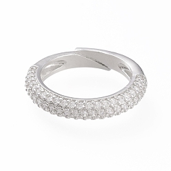 Clear Adjustable Brass Micro Pave Cubic Zirconia Cuff Rings, Open Rings, Long-Lasting Plated, Platinum, Clear, Size 5, 16mm