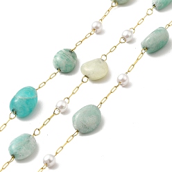 Amazonite Ion Plating(IP) 316 Surgical Stainless Steel Paperclip Chains, with Natural Amazonite Nuggets Beads and Glass Beads, Soldered, Real 18K Gold Plated, with Spool, Link: 3x1x0.3mm, Glass: 3~4.5mm, Gemstone: 6~10x4~9.5x4~7mm