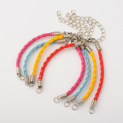 Mixed Color Braided PU Leather Cord Bracelet Making, with Iron Findings and Alloy Lobster Claw Clasps, Platinum, Mixed Color, 170x3mm, Hole: 4mm