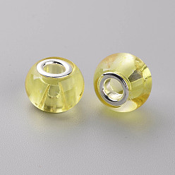 Jaune Perles européennes en verre, Perles avec un grand trou   , laiton avec ton argent noyaux doubles, rondelle, jaune, 14.5x11.5mm, Trou: 5mm