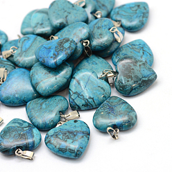 Natural Agate Dyed Heart Natural Gemstone Pendants, with Platinum Tone Brass Findings, 20~22x20~21x5~8mm, Hole: 2x7mm