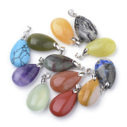 Mixed Stone Natural & Synthetic Mixed Stone Pendants, with Alloy Findings, teardrop, Platinum, 23~24x14x8mm, Hole: 4x5mm