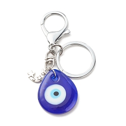 Antique Silver & Platinum Alloy Keychains, with Tibetan Style Alloy Pendants and Handmade Lampwork Pendants, Teardrop with Evil Eye & Moon with Star, Antique Silver & Platinum, 9.2cm