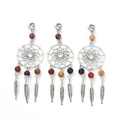 Antique Silver Tibetan Style Alloy Pendants, with Wood Beads & 304 Stainless Steel & Lobster Claw Clasps, Antique Silver, 93mm, Pendant: 72x28mm, Beads: 6mm, Feather: 29x5x2mm, Clasps: 12x8x3mm.