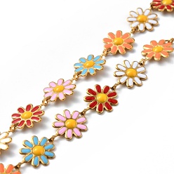 Golden 304 Stainless Steel Flower Link Chains, with Colorful Enamel, Soldered, with Spool, Golden, 10x1~2mm