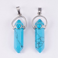 Synthetic Turquoise Synthetic Turquoise Double Terminated Pointed Pendants, with Brass Findings, Bullet, Platinum, Dyed, 38.5~40.5x14.5x13mm, Hole: 4x8mm