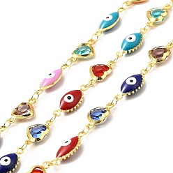 Real 18K Gold Plated Handmade Brass Evil Eye Enamel Link Chain, with Brass Rhinestone Links, Soldered, with Spool, Horse Eye & Heart, Cadmium Free & Lead Free, Real 18K Gold Plated, Horse Eye: 16x6.5x4mm, Heart: 12.5x8x3mm