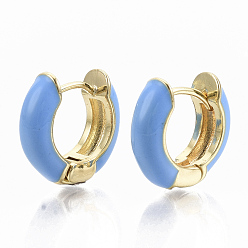 Deep Sky Blue Brass Huggie Hoop Earrings, with Enamel, Real 18K Gold Plated, Deep Sky Blue, 14x15x5mm, Pin: 1x1mm