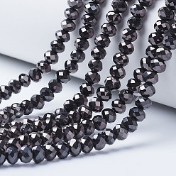 Gunmetal Plated Electroplate Transparent Glass Beads Strands, Full Plated, Faceted, Rondelle, Gunmetal Plated, 3.5x3mm, Hole: 0.4mm, about 123~127pcs/strand, 13.78 inch~14.17 inch(35~36cm)