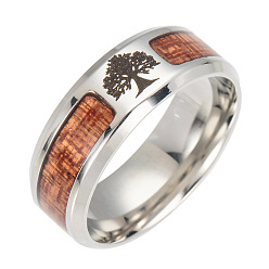 Stainless Steel Color Stainless Steel Wide Band Finger Rings, with Acacia, Tree, Size 8, Stainless Steel Color, 18.2mm