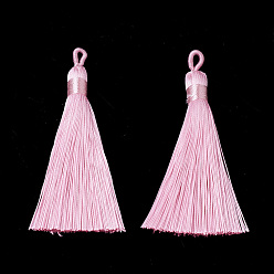 Бледно-Розовый Полиэстер кисточка большие подвески украшения, розовый жемчуг, 80~90x8.5~9 мм, отверстие : 4x6 мм