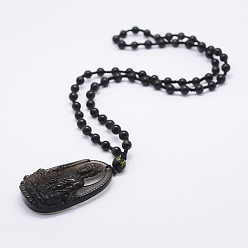 Obsidian Natural Golden Sheen Obsidian Beaded Pendant Necklaces, with Natural Obsidian Pendants, Buddha, 23.62 inch(60cm)