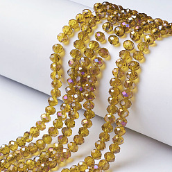 Verge D'or Plaquent verre transparent perles brins, demi arc-en-ciel plaqué, facette, rondelle, verge d'or, 6x5mm, Trou: 1mm, Environ 85~88 pcs/chapelet, 16.1~16.5 pouce (41~42 cm)