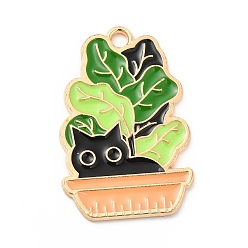 Lawn Green Alloy Enamel Pendants, Light Gold, Potted with Cat Charm, Lawn Green, 28x18x1mm, Hole: 2mm