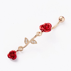 Real 18K Gold Plated Piercing Jewelry, Brass Micro Pave Cubic Zirconia Navel Rings, Belly Rings, with 304 Stainless Steel Bar and Enamel, Rose, Red, Real 18K Gold Plated, 56mm, Bar: 14 Gauge(1.6mm), Bar Length: 3/8"(10mm)