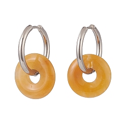 Topaz Jade Natural Tiger Eye Pi Disc/Donut Dangle Hoop Earrings, 304 Stainless Steel Jewelry for Women, 29.5mm, Pin: 1mm