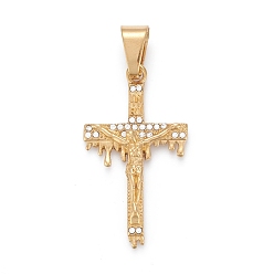 Oro Colgantes de pascua 304 de acero inoxidable, con diamantes de imitación de cristal, cruz crucifijo, dorado, 46x26x6 mm, agujero: 6.5x11.5 mm