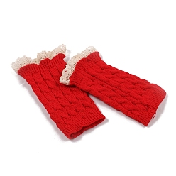 Rouge Gants sans doigts à tricoter en fil de fibre acrylique, gants chauds d'hiver à bord en dentelle avec trou pour le pouce pour femmes, rouge, 190x75mm
