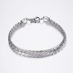Stainless Steel Color 304 Stainless Steel Curb Chain Bracelets, Textured, with Lobster Clasps, Stainless Steel Color, 8-1/2 inch(215mm), 7.5x2mm