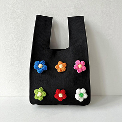 Black Polyester 3D Flower Knitted Tote Bags, Cartoon Crochet Handbags for Women, Black, 34x21cm