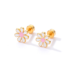 White Real 18K Gold Plated Stainless Steel Stud Earrings for Women, Daisy Flower, White, No Size