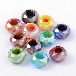 Mixed Color Glass European Beads, Large Hole Beads, No Metal Core, Faceted, Rondelle, Mixed Color, 14x8mm, Hole: 5mm
